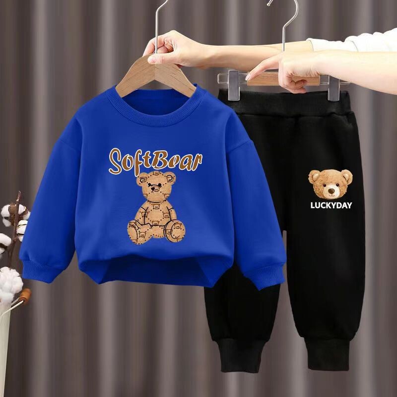 Rudens mazuļu meiteņu drēbju komplekts bērnu zēnu multfilmas lācis ar burtiem, džemperi, džemperi un bikses, 2 gab. uzvalks, bērnu treniņtērps