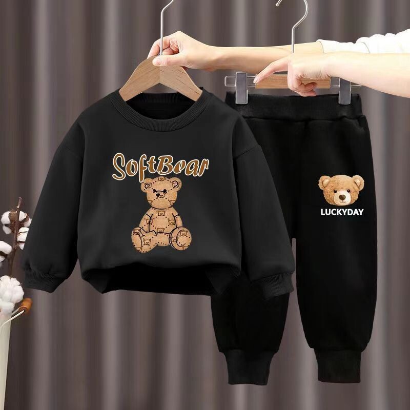 Rudens mazuļu meiteņu drēbju komplekts bērnu zēnu multfilmas lācis ar burtiem, džemperi, džemperi un bikses, 2 gab. uzvalks, bērnu treniņtērps