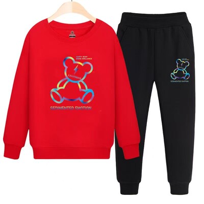 Jesenski komplet odjeće za djevojčice i dječake, dječja majica s otisnutim crtićima i medvjedom, gornji dio i donji dio hlača, dvodijelna trenirka