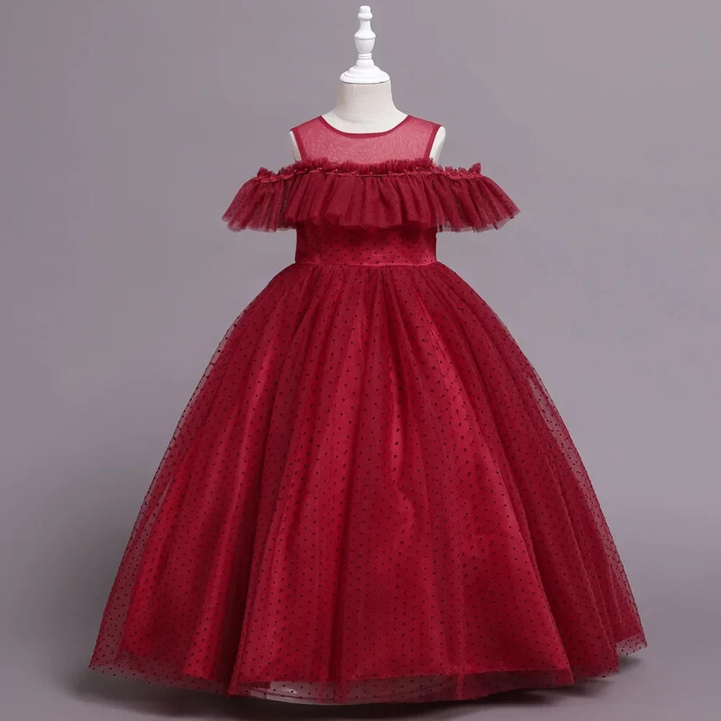 Paauglių mergaičių nėrinių berankovių tiulio princesės suknelė Elegantiška žakardo karoliukais papuošta vestuvinė suknelė gėlėms mergaitei pamergės iškilminga fortepijono šou suknelė