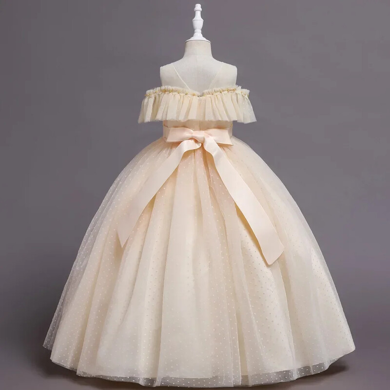 Paauglių mergaičių nėrinių berankovių tiulio princesės suknelė Elegantiška žakardo karoliukais papuošta vestuvinė suknelė gėlėms mergaitei pamergės iškilminga fortepijono šou suknelė