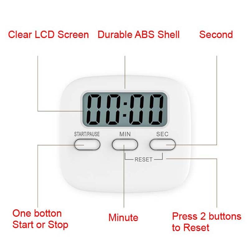 Skaitmeninis virtuvės laikmačio priminimo skystųjų kristalų ekranas su sulankstomu stovu ir magnetinio laiko atskaita, skirta maisto gaminimui, kepimui, sporto salėje