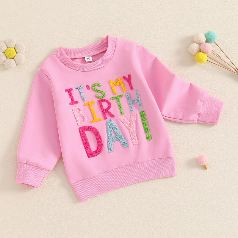 Παιδική φούτερ γενεθλίων κοριτσάκι με γράμμα κέντημα με μακρύ μανίκι στρογγυλή λαιμόκοψη φαρδιά πουλόβερ μπλούζες Χαριτωμένα κοριτσίστικα φθινοπωρινά φούτερ