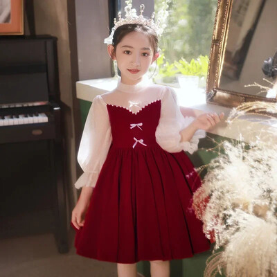 ICJAEHAO 2024 m. vaikiška suknelė mergaičių princesės raudona suknelė Aukščiausios klasės Naujųjų metų gimtadienio vakarėlio suknele pianinui rudens ir žiemos drabužiai