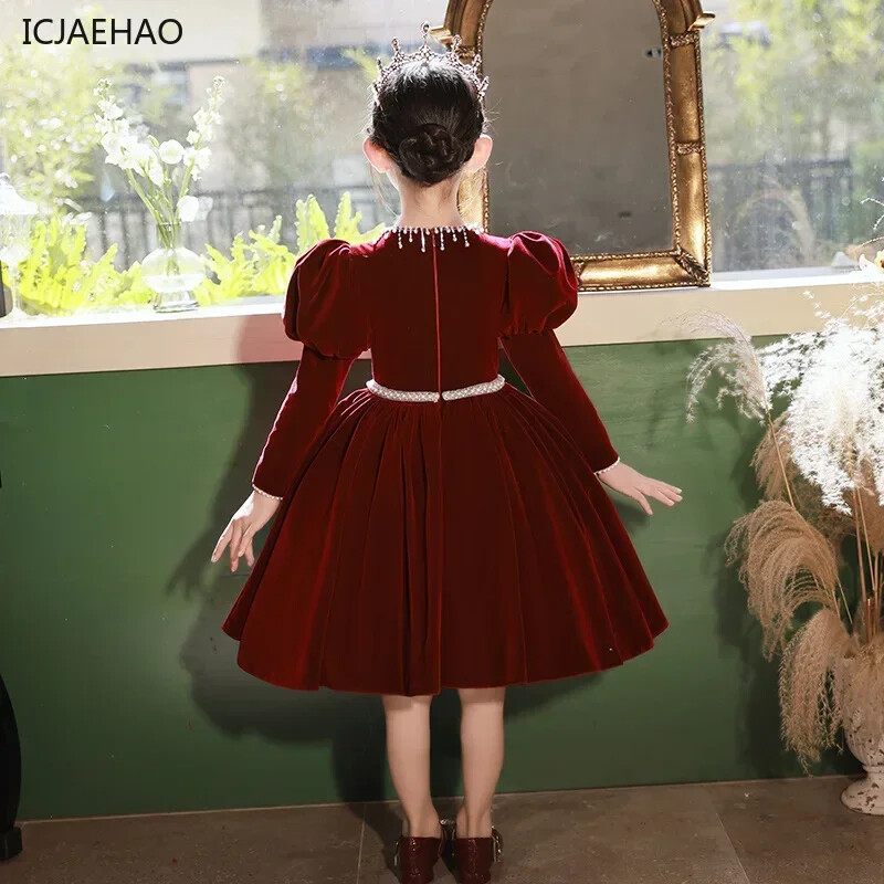 ICJAEHAO 2024 m. vaikiška suknelė mergaičių princesės raudona suknelė Aukščiausios klasės Naujųjų metų gimtadienio vakarėlio suknele pianinui rudens ir žiemos drabužiai