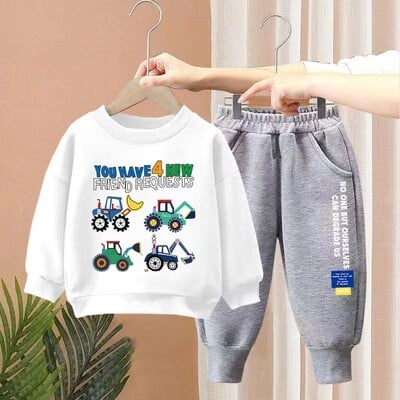 Rudens vaikų berniukų rūbų rinkinys Vaikų mergaičių ekskavatorius Spausdinti megztiniai megztiniai ir kelnės 2 vnt. kostiumas ilgomis rankovėmis sportiniai kostiumai