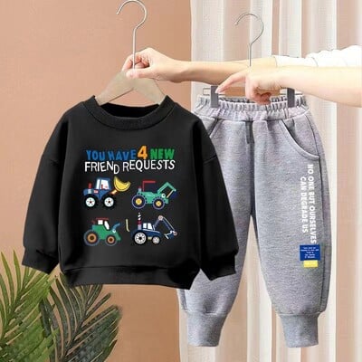 Rudens vaikų berniukų rūbų rinkinys Vaikų mergaičių ekskavatorius Spausdinti megztiniai megztiniai ir kelnės 2 vnt. kostiumas ilgomis rankovėmis sportiniai kostiumai