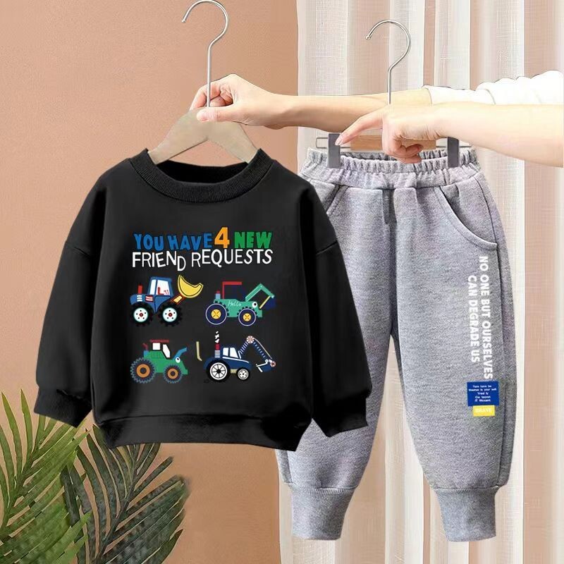 Rudens vaikų berniukų rūbų rinkinys Vaikų mergaičių ekskavatorius Spausdinti megztiniai megztiniai ir kelnės 2 vnt. kostiumas ilgomis rankovėmis sportiniai kostiumai