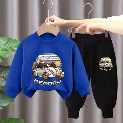 Rudens mazuļu zēnu drēbes Modes apdrukāti T-krekli un bikses, 2 dab. komplekts, bērni, meitenes, ikdienišķi, augšējie tērpi, treniņtērpi