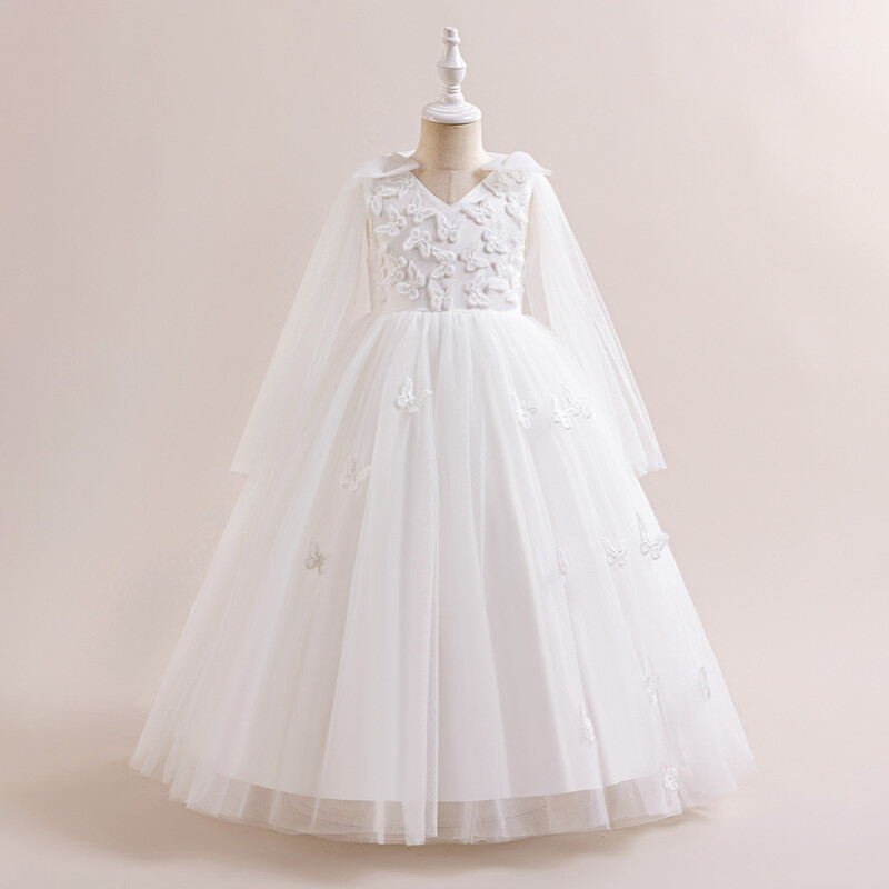 Drugelio princesės suknelė mergaitėms, siuvinėta balto tiulio aplikacijomis, vestuvių nuotakos gimtadienio mergaičių suknelės pirmosios Komunijos suknelės