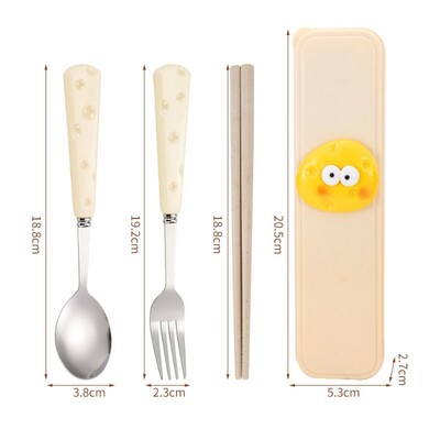 Rozsdamentes acél sajtkanál búzavilla három részes szett diákoknak hordozható étkészletek, tárolódobozos pálcika villával