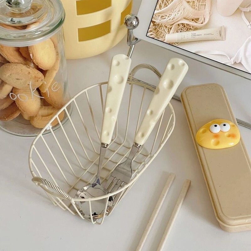 Rozsdamentes acél sajtkanál búzavilla három részes szett diákoknak hordozható étkészletek, tárolódobozos pálcika villával