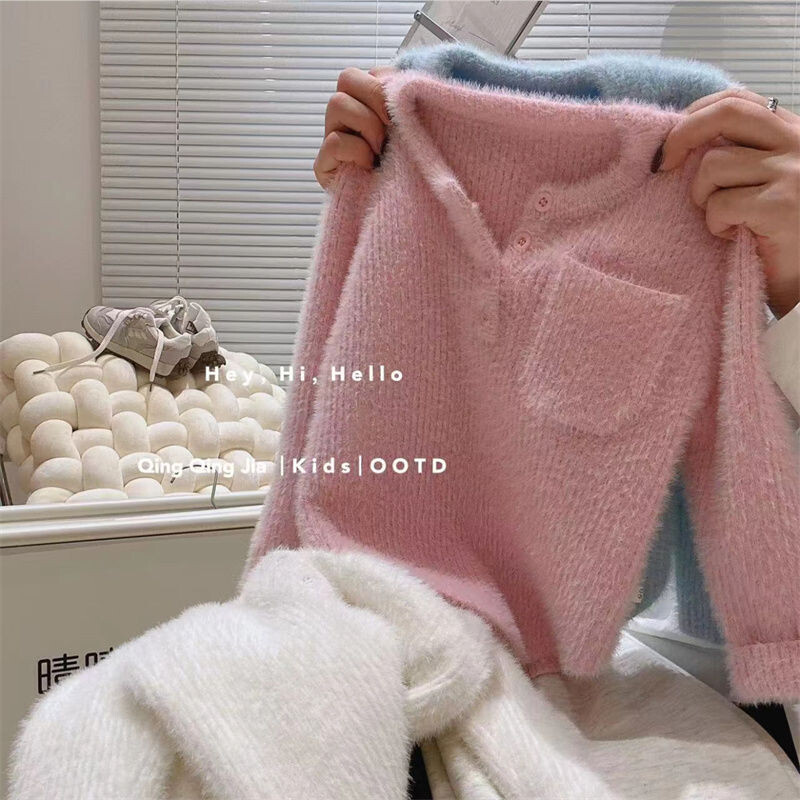 Mergaitės megztinis Baby One Cashmere Minkštas vaško spalvos megztinis Winter Explosion Plus Fleece Pastorintas megztinis megztinis Vaikiškas žieminis striukė