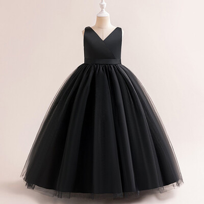 Rochie lungă de domnișoară de onoare cu fundă mare de vară pentru fete Costum pentru copii Rochii de prințesă fără spate Rochie de fetiță Rochii de bal de nuntă