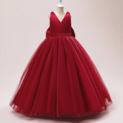 Rochie lungă de domnișoară de onoare cu fundă mare de vară pentru fete Costum pentru copii Rochii de prințesă fără spate Rochie de fetiță Rochii de bal de nuntă