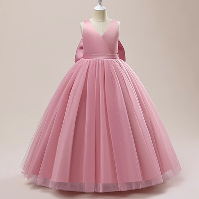 Rochie lungă de domnișoară de onoare cu fundă mare de vară pentru fete Costum pentru copii Rochii de prințesă fără spate Rochie de fetiță Rochii de bal de nuntă