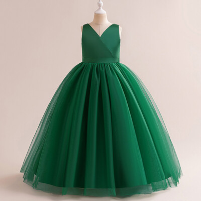 Rochie lungă de domnișoară de onoare cu fundă mare de vară pentru fete Costum pentru copii Rochii de prințesă fără spate Rochie de fetiță Rochii de bal de nuntă