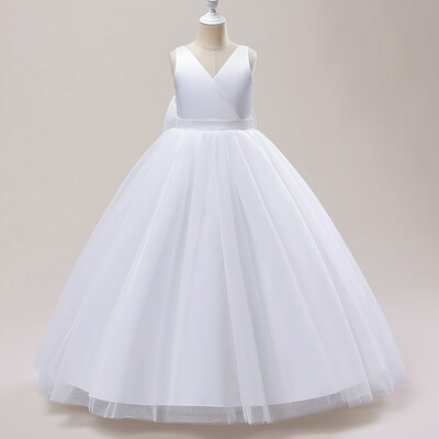 Rochie lungă de domnișoară de onoare cu fundă mare de vară pentru fete Costum pentru copii Rochii de prințesă fără spate Rochie de fetiță Rochii de bal de nuntă