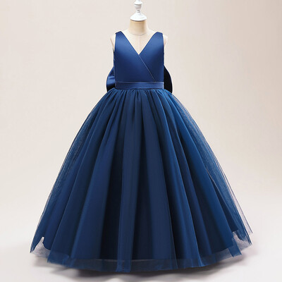 Rochie lungă de domnișoară de onoare cu fundă mare de vară pentru fete Costum pentru copii Rochii de prințesă fără spate Rochie de fetiță Rochii de bal de nuntă