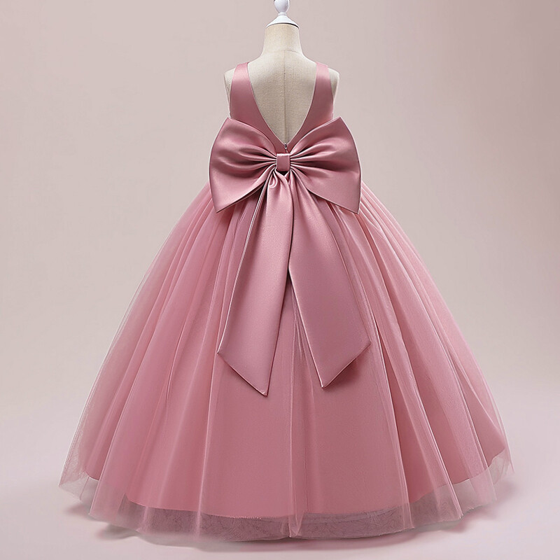 Rochie lungă de domnișoară de onoare cu fundă mare de vară pentru fete Costum pentru copii Rochii de prințesă fără spate Rochie de fetiță Rochii de bal de nuntă