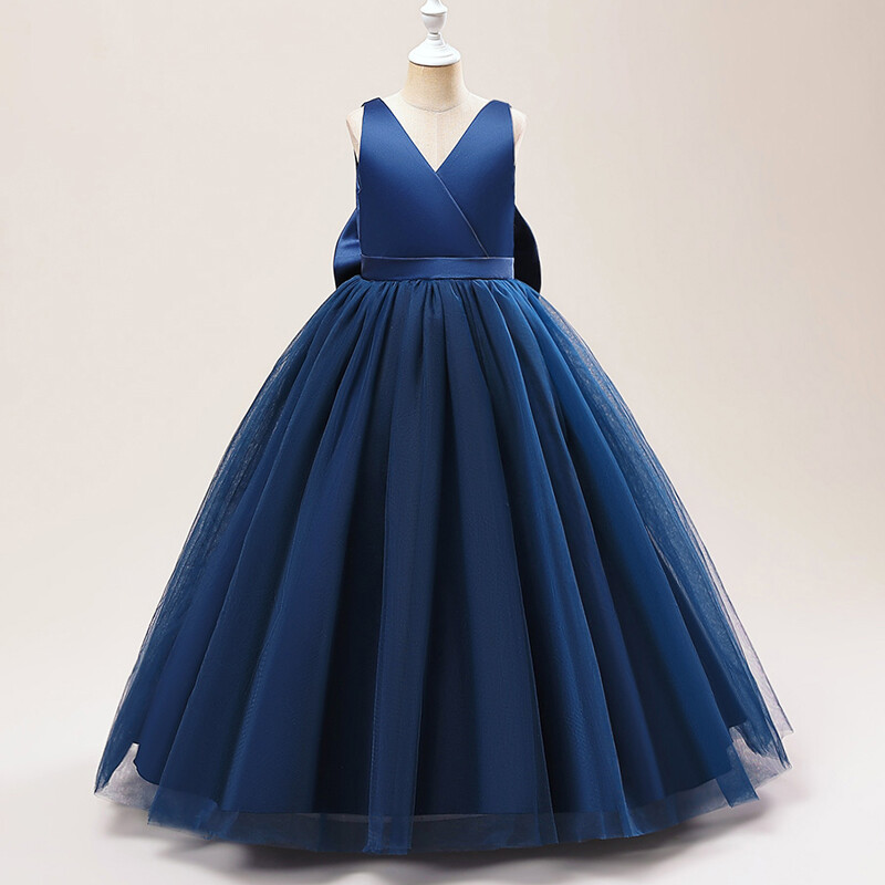 Rochie lungă de domnișoară de onoare cu fundă mare de vară pentru fete Costum pentru copii Rochii de prințesă fără spate Rochie de fetiță Rochii de bal de nuntă