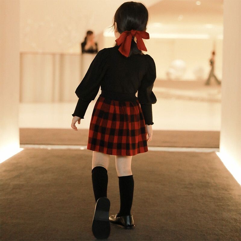 Vaikiški mergaičių megzti languoti sijonai 2024 m. Nauji atvykę vaikų mokykliniai sijonai Rudens žieminiai medvilniniai drabužiai kūdikių mergaičių mielas sijonas