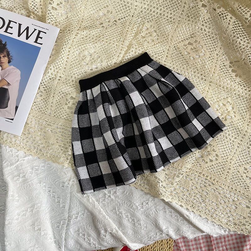 Vaikiški mergaičių megzti languoti sijonai 2024 m. Nauji atvykę vaikų mokykliniai sijonai Rudens žieminiai medvilniniai drabužiai kūdikių mergaičių mielas sijonas