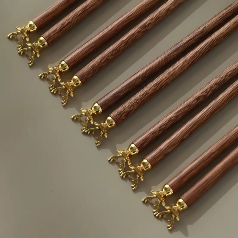 1 pereche de betisoare reutilizabile din lemn cu cap de cerb Bețișoare japoneze anti-alunecare Wenge, care nu se deformează ușor Bețișoare sushi sigure la căldură