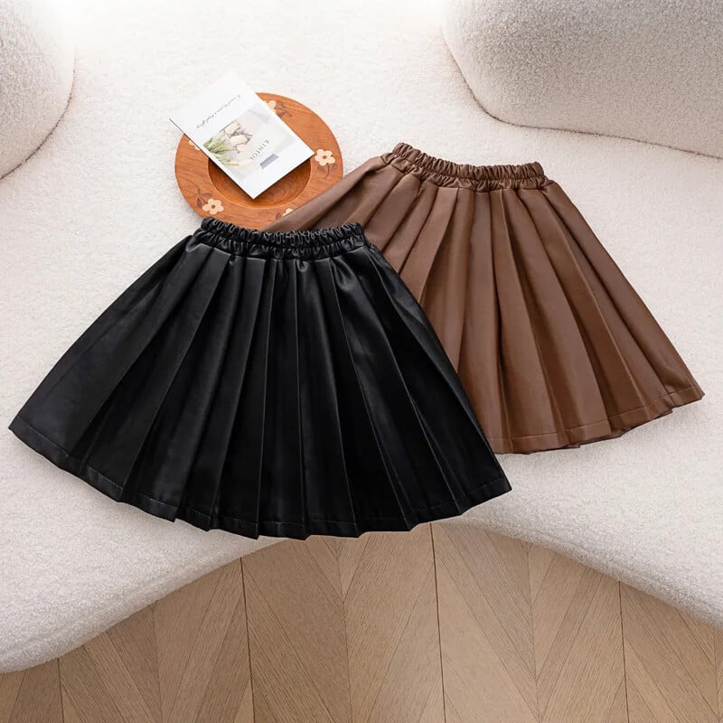 Tini lányok hajtogatott szoknya őszi tél preppy stílusú rövid iskolás gyerekeknek PU bőr szoknyák mindennapi alkalmi fekete A-vonalú szoknya árak