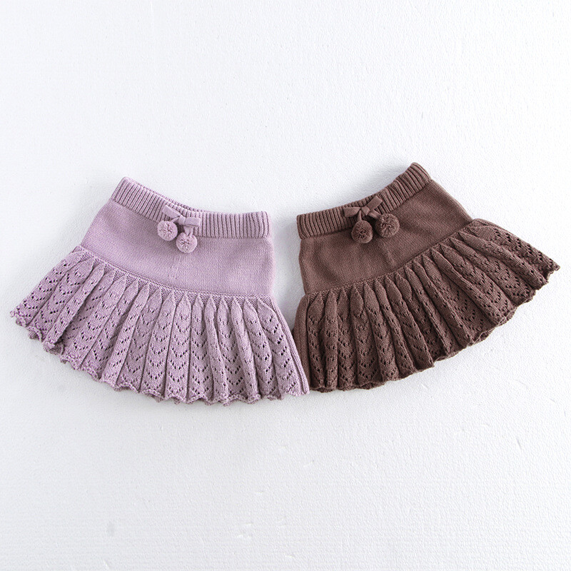 2024-es új őszi lányok, aranyos egyszínű kötött, redős szoknya gyerekeknek, vájt kötött rövidnadrágok