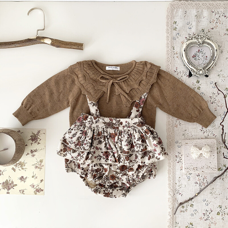 7104 Autumn Baby Girl Kétrétegű lótuszlevelű gallér, kötött kardigán pulóver kerek nyakú kivájt vékony felsők