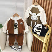 Tavaszi őszi gyerek fiúk 3 db-os ruhakészlet rajzfilm nyomtatott felsők Patchwork ujjú kabát tömör kontraszt nadrág öltöny kisfiú ruhák