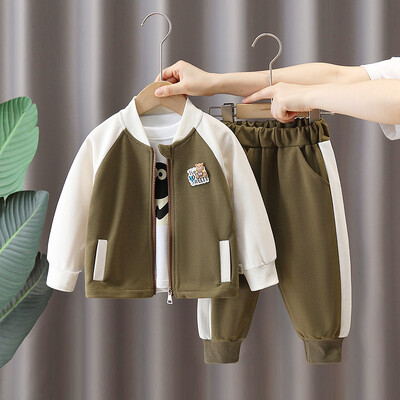 Tavaszi őszi gyerek fiúk 3 db-os ruhakészlet rajzfilm nyomtatott felsők Patchwork ujjú kabát tömör kontraszt nadrág öltöny kisfiú ruhák