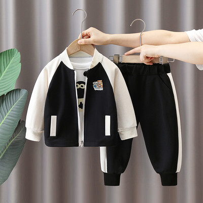 Tavaszi őszi gyerek fiúk 3 db-os ruhakészlet rajzfilm nyomtatott felsők Patchwork ujjú kabát tömör kontraszt nadrág öltöny kisfiú ruhák