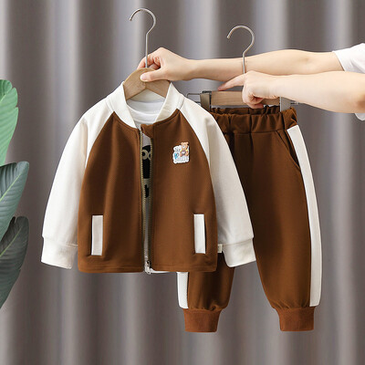 Tavaszi őszi gyerek fiúk 3 db-os ruhakészlet rajzfilm nyomtatott felsők Patchwork ujjú kabát tömör kontraszt nadrág öltöny kisfiú ruhák