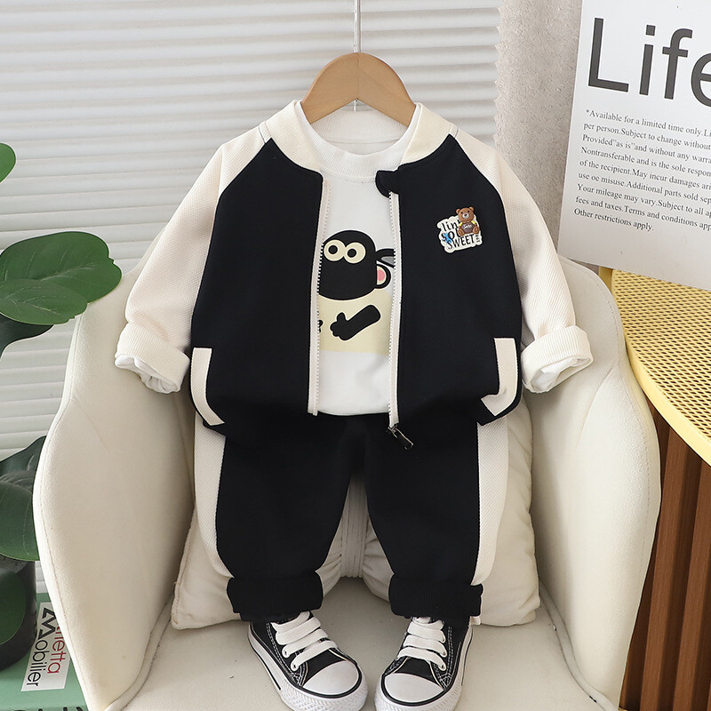 Tavaszi őszi gyerek fiúk 3 db-os ruhakészlet rajzfilm nyomtatott felsők Patchwork ujjú kabát tömör kontraszt nadrág öltöny kisfiú ruhák