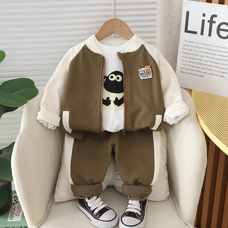 Tavaszi őszi gyerek fiúk 3 db-os ruhakészlet rajzfilm nyomtatott felsők Patchwork ujjú kabát tömör kontraszt nadrág öltöny kisfiú ruhák