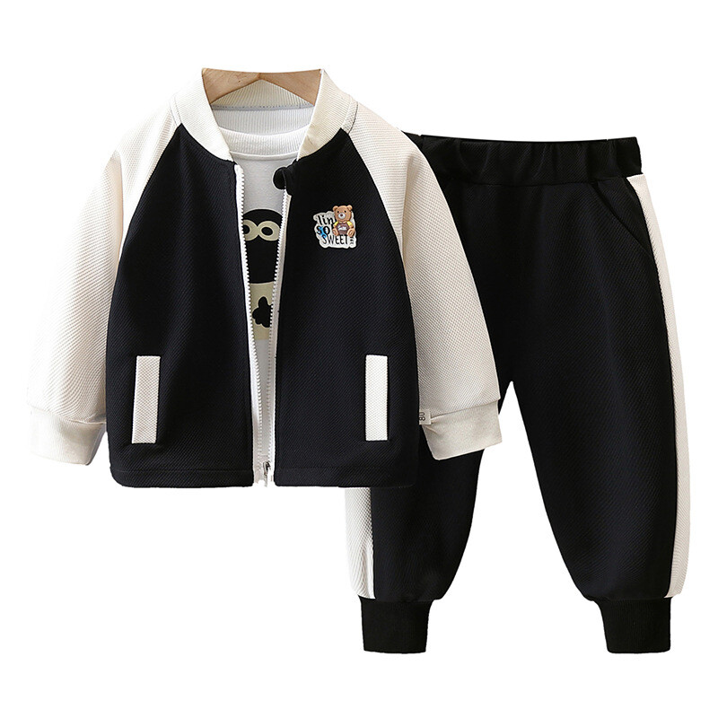 Tavaszi őszi gyerek fiúk 3 db-os ruhakészlet rajzfilm nyomtatott felsők Patchwork ujjú kabát tömör kontraszt nadrág öltöny kisfiú ruhák