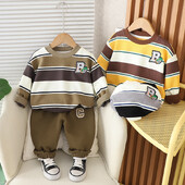 Ανοιξιάτικο φθινόπωρο νήπιο αγόρι 2 ΤΕΜ Σετ ρούχων βαμβακερό ριγέ πουλόβερ με γράμματα κέντημα παντελόνι κοστούμι παιδικά ρούχα για αγοράκια