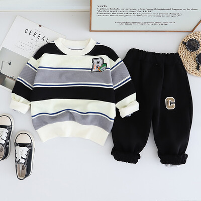 Ανοιξιάτικο φθινόπωρο νήπιο αγόρι 2 ΤΕΜ Σετ ρούχων βαμβακερό ριγέ πουλόβερ με γράμματα κέντημα παντελόνι κοστούμι παιδικά ρούχα για αγοράκια