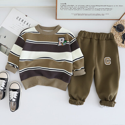 Ανοιξιάτικο φθινόπωρο νήπιο αγόρι 2 ΤΕΜ Σετ ρούχων βαμβακερό ριγέ πουλόβερ με γράμματα κέντημα παντελόνι κοστούμι παιδικά ρούχα για αγοράκια