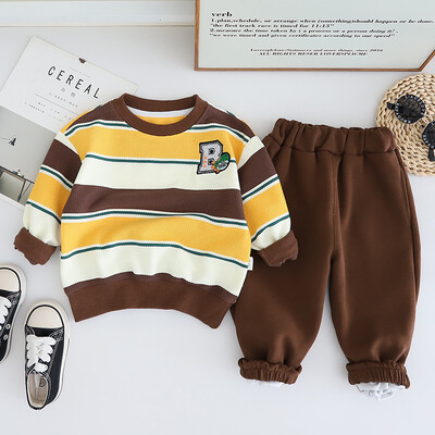 Ανοιξιάτικο φθινόπωρο νήπιο αγόρι 2 ΤΕΜ Σετ ρούχων βαμβακερό ριγέ πουλόβερ με γράμματα κέντημα παντελόνι κοστούμι παιδικά ρούχα για αγοράκια