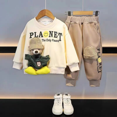 Μακρυμάνικο σετ φθινοπώρου και χειμώνα για αγόρια 2024 Νέο παιδικό λούτρινο φούτερ με κουκούλα σε στιλ δύο τεμαχίων Παιδικά ρούχα