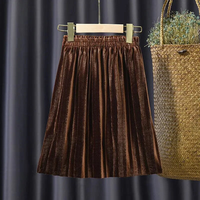 Χρυσή βελούδινη μισή φούστα πλισέ φούστα για κορίτσια φθινοπώρου και χειμώνα Νέα βελούδινη φούστα σε γραμμή Α μονόχρωμη Φούστα με μέση ψηλή μέση