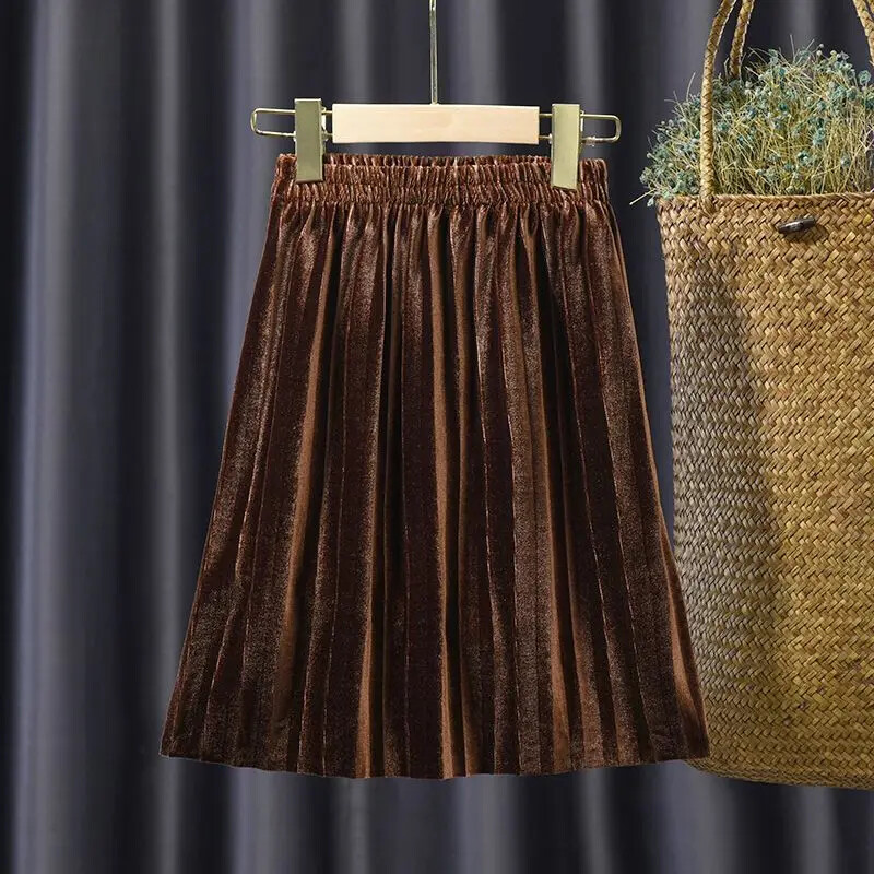 Χρυσή βελούδινη μισή φούστα πλισέ φούστα για κορίτσια φθινοπώρου και χειμώνα Νέα βελούδινη φούστα σε γραμμή Α μονόχρωμη Φούστα με μέση ψηλή μέση