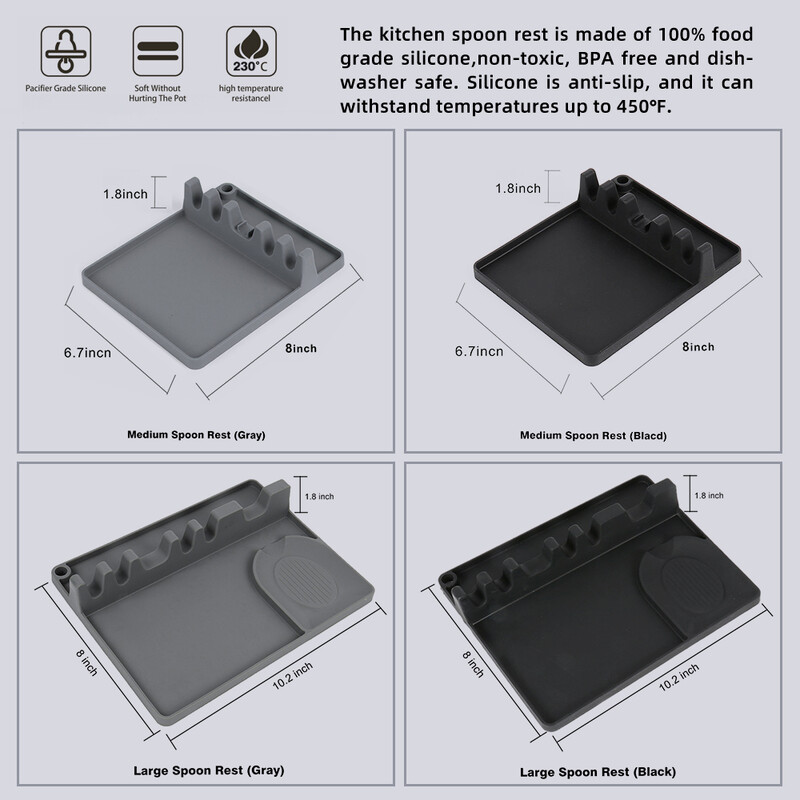 Silikoninis indų šaukšto atramas viryklės viršeliui su lašintuvu. Keli virtuvės įrankiai, karščiui atsparus mentelės nutekėjimo laikiklis