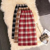Gyapjú lányok gyapjú kockás szoknyák lábszárközépig, 2024 új gyermek tavaszi őszi ceruzaszoknyák tizenéves lányoknak hasított khaki kockás szoknyák