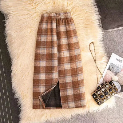 Gyapjú lányok gyapjú kockás szoknyák lábszárközépig, 2024 új gyermek tavaszi őszi ceruzaszoknyák tizenéves lányoknak hasított khaki kockás szoknyák