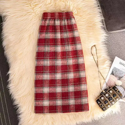 Gyapjú lányok gyapjú kockás szoknyák lábszárközépig, 2024 új gyermek tavaszi őszi ceruzaszoknyák tizenéves lányoknak hasított khaki kockás szoknyák