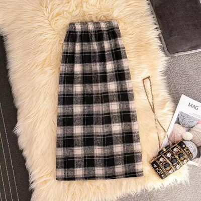 Gyapjú lányok gyapjú kockás szoknyák lábszárközépig, 2024 új gyermek tavaszi őszi ceruzaszoknyák tizenéves lányoknak hasított khaki kockás szoknyák